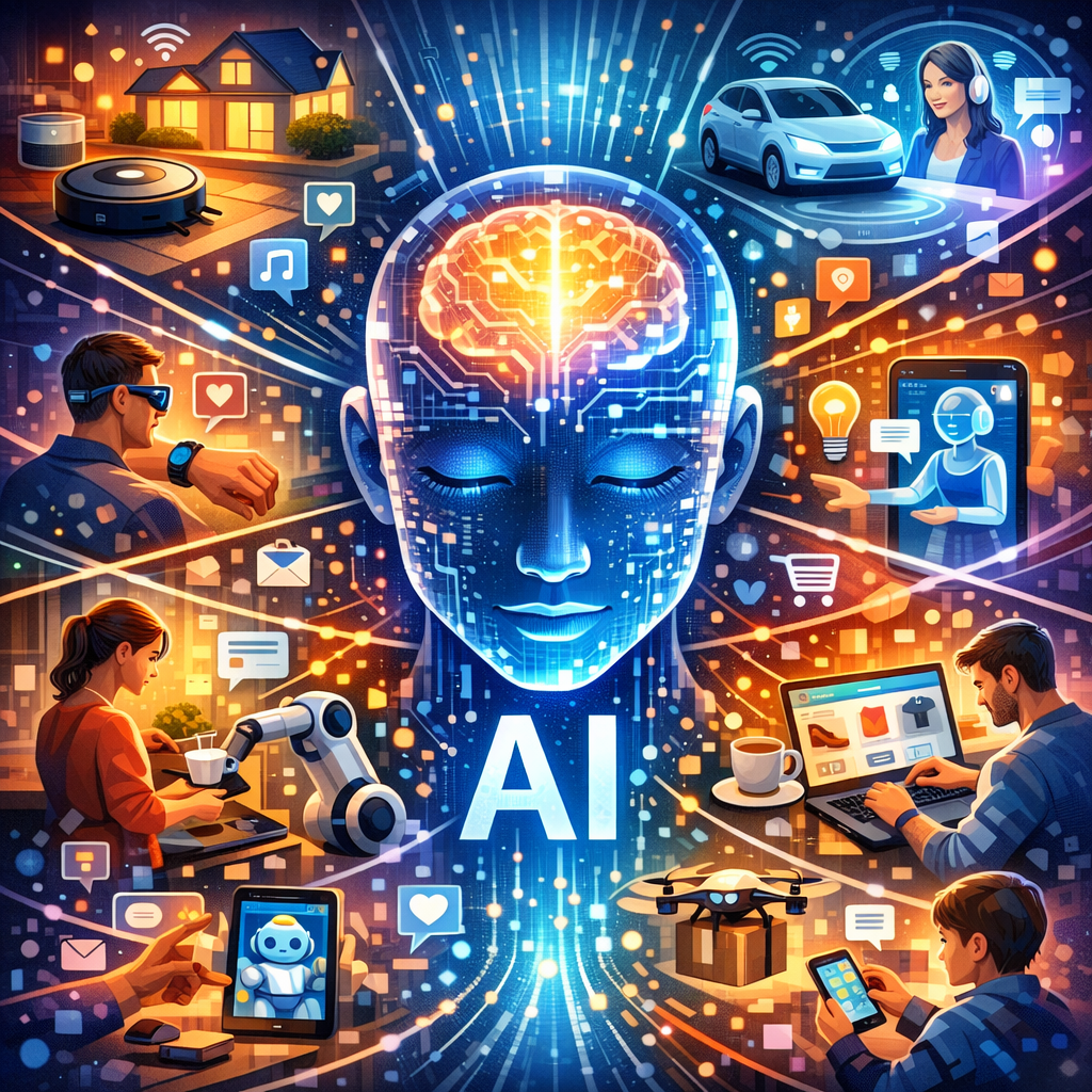 Illustration abstraite d’intelligence artificielle, symbolisant l’IA appliquée au quotidien